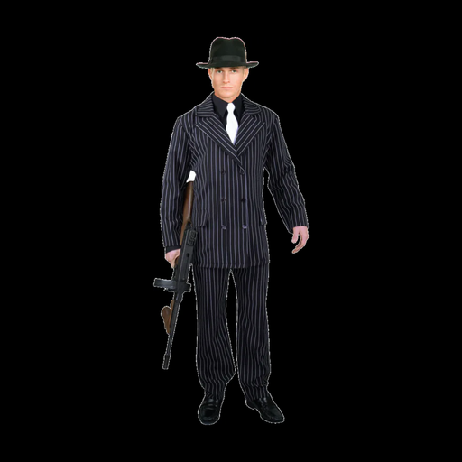 Disfraz de gánster para hombre, traje negro con rayas blancas y chaqueta cruzada, con sombrero y corbata de referencia