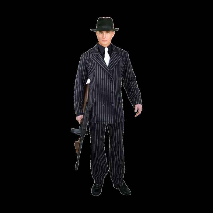 Disfraz de gánster para hombre, traje negro con rayas blancas y chaqueta cruzada, con sombrero y corbata de referencia