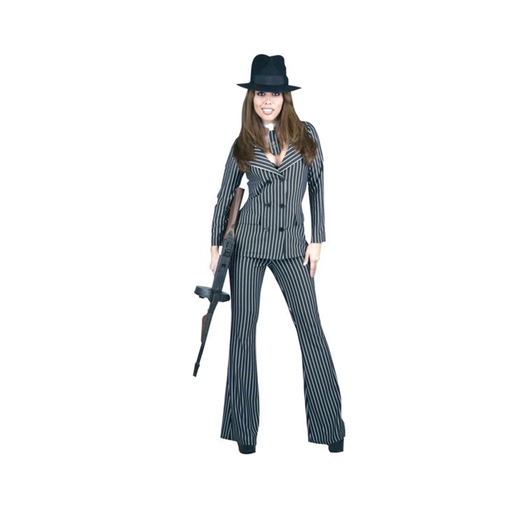 Mujer con disfraz de gánster, traje negro a rayas blancas con chaqueta cruzada y corbata