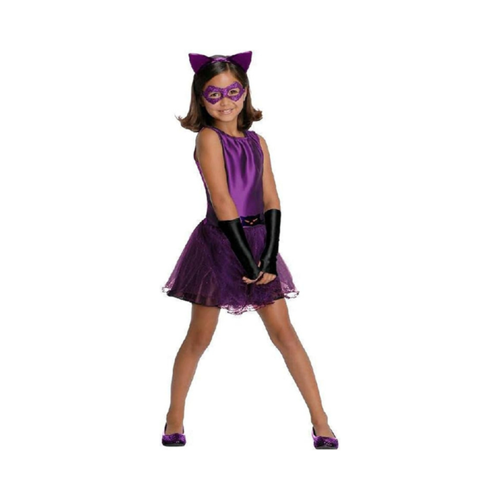 Disfraz de Gatubela para niña, vestido tutú morado con orejas, antifaz y calentadores de brazos negros