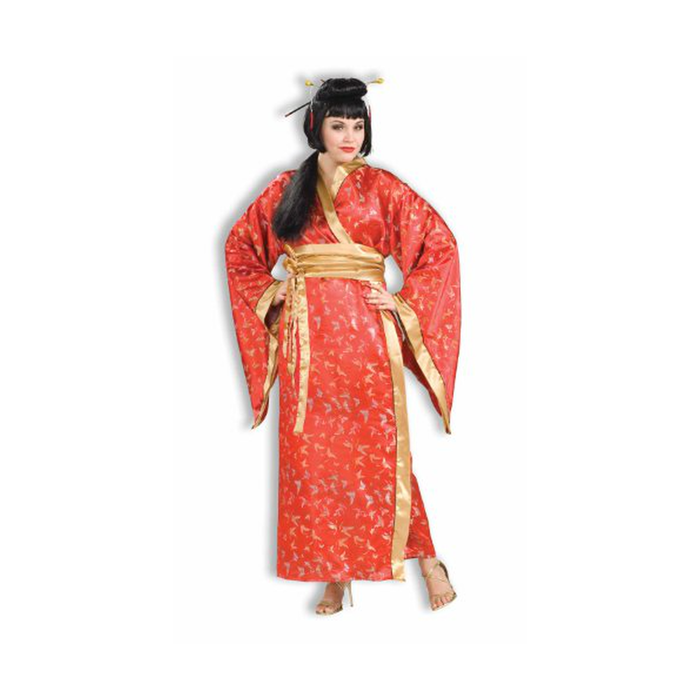 Mujer con disfraz de geisha, kimono largo rojo con estampado dorado y faja dorada
