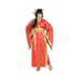 Mujer con disfraz de geisha, kimono largo rojo con estampado dorado y faja dorada