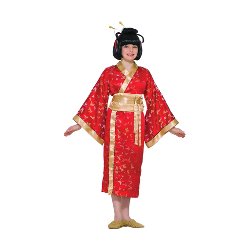 Niña con disfraz de geisha, kimono rojo con detalles dorados y faja dorada