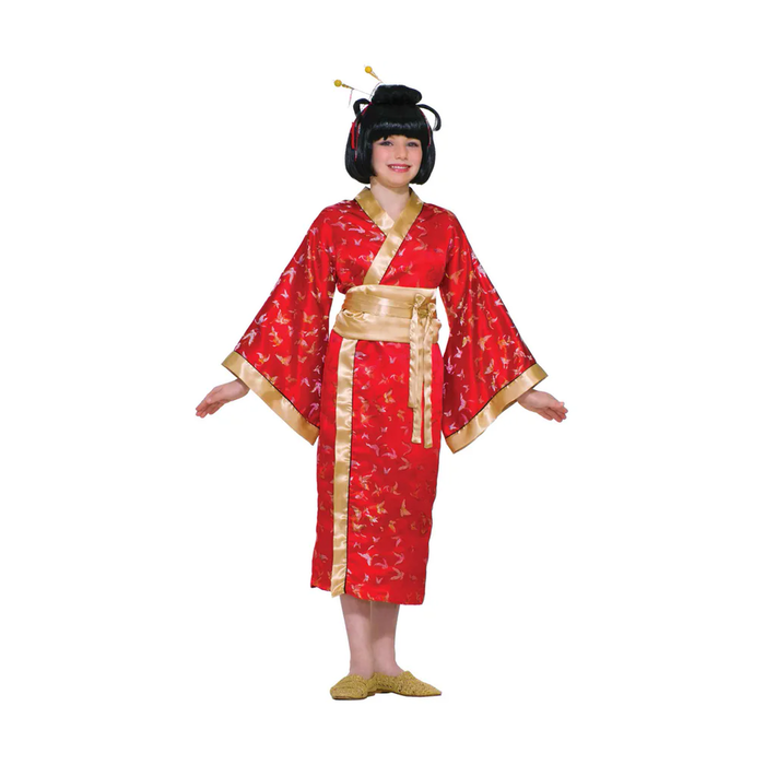 Niña con disfraz de geisha, kimono rojo con detalles dorados y faja dorada