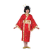 Niña con disfraz de geisha, kimono rojo con detalles dorados y faja dorada