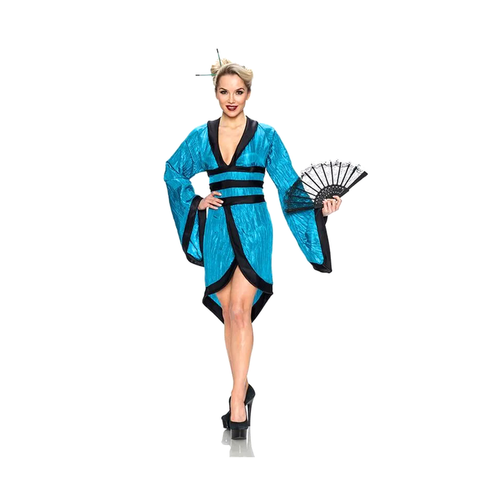 Disfraz de geisha para mujer con vestido corto tipo kimono turquesa con bordes negros y mangas anchas
