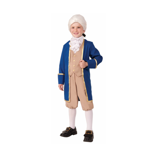 Niño con disfraz de George Washington, casaca azul, chaleco beige con jabot y pantalón bombacho