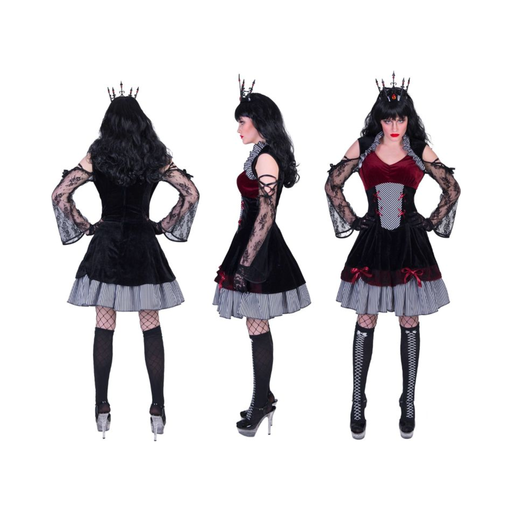 Disfraz gótico para mujer, vestido corto negro y burdeo con mangas de encaje, vista frontal, lateral y posterior