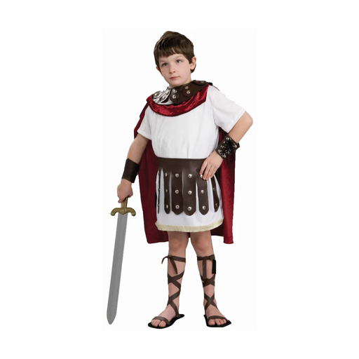 Niño con disfraz de gladiador con capa roja