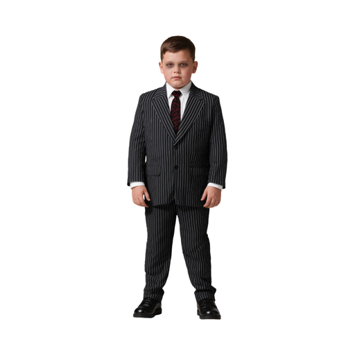 Disfraz de Gomez Addams para niño, traje negro a rayas blancas con corbata