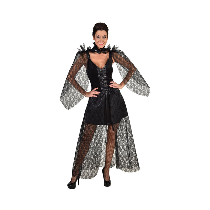 Disfraz gótico para mujer, vestido negro con mangas de encaje y cola larga transparente
