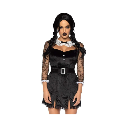 Disfraz gótico para mujer, vestido corto negro con mangas de encaje de telaraña, cuello blanco y cinturón