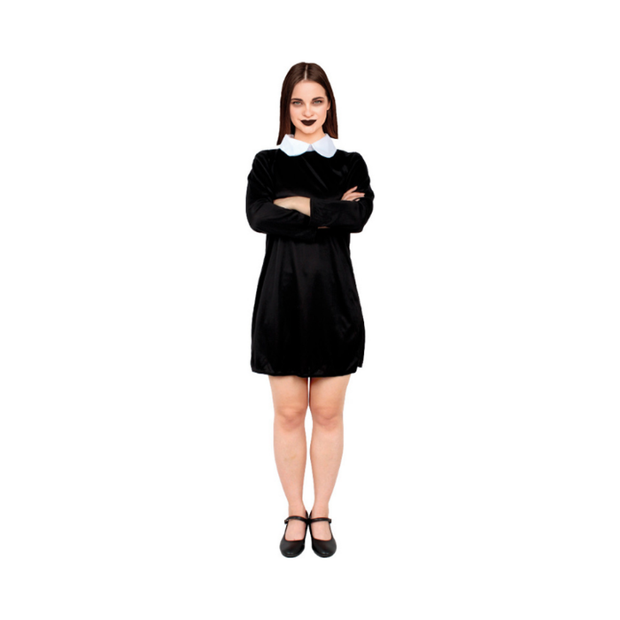 Disfraz gótica para mujer, vestido negro de manga larga con cuello blanco