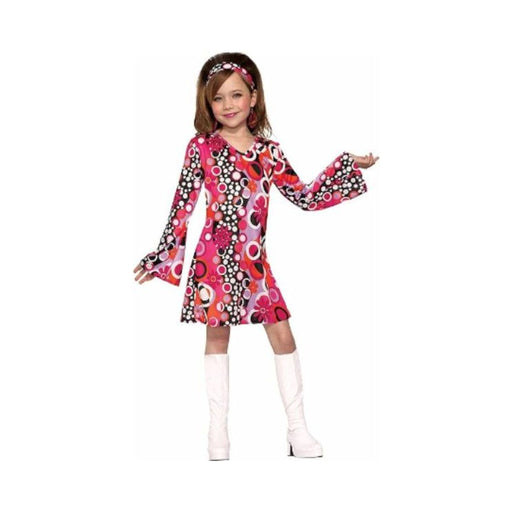 Disfraz Groovy Girl para niña, vestido años 60 con estampado de círculos rosado, negro y blanco y cintillo