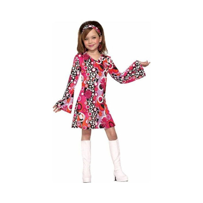 Disfraz Groovy Girl para niña, vestido años 60 con estampado de círculos rosado, negro y blanco y cintillo