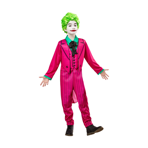 Disfraz del Guasón clásico para niño con traje fucsia, chaqueta larga, pantalón a rayas y pechera verde