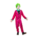 Disfraz del Guasón clásico para niño con traje fucsia, chaqueta larga, pantalón a rayas y pechera verde