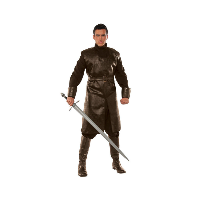 Hombre con disfraz de guerrero medieval café, túnica larga con cinturón y puños
