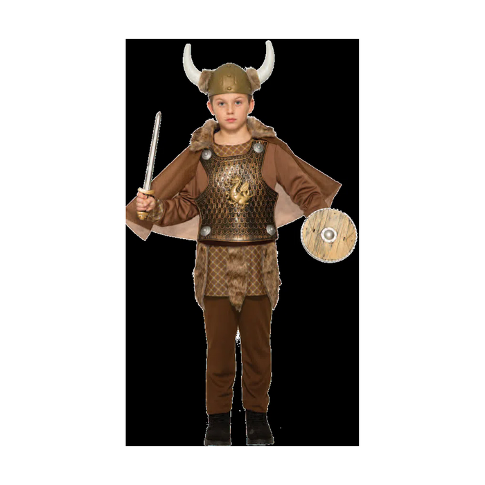 Disfraz de guerrero vikingo para niño con túnica café, peto dorado con dragón y capa con cuello de piel