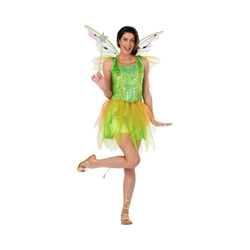Disfraz de hada elfa para mujer, vestido verde sin mangas con falda de tul verde y naranjo