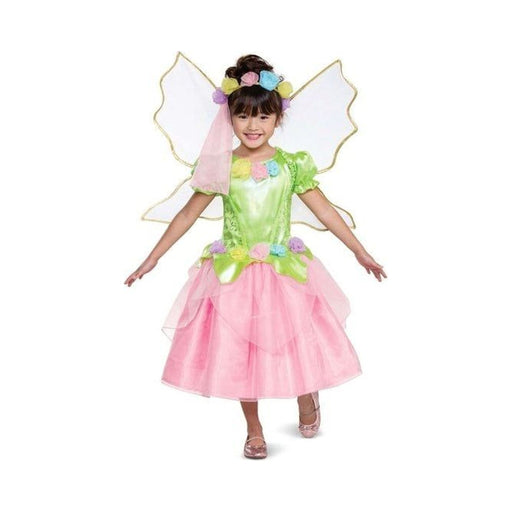 Disfraz de hada para niña, vestido verde y rosado con flores, alas y corona de flores con velo