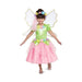 Disfraz de hada para niña, vestido verde y rosado con flores, alas y corona de flores con velo