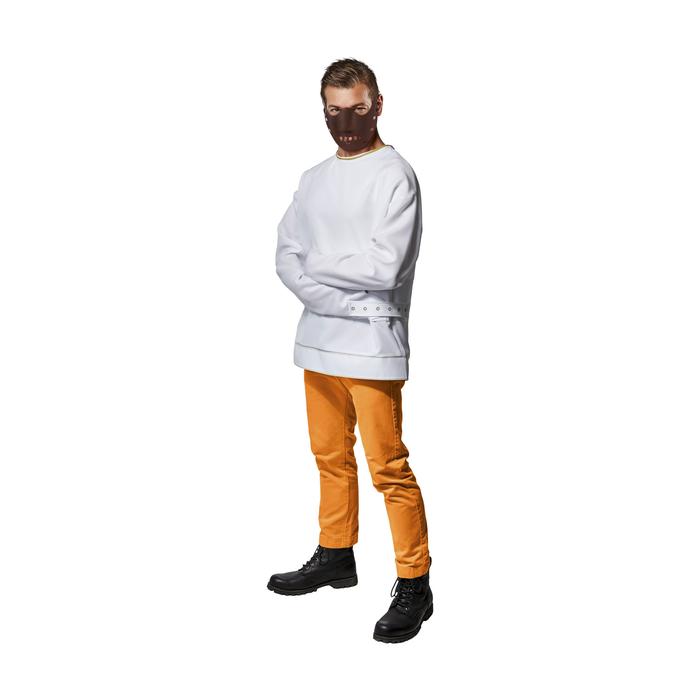 Disfraz de Hannibal Lecter para hombre con camisa de fuerza blanca y máscara tipo bozal
