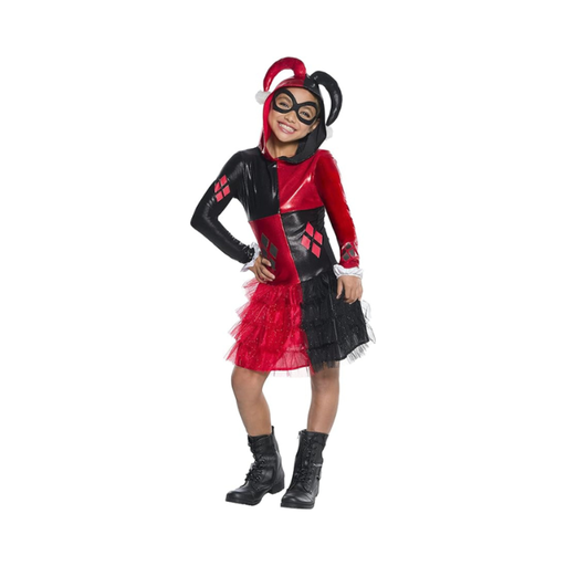 Disfraz Harley Quinn para niña, vestido rojo y negro con capucha de bufón, rombos y falda de tul roja