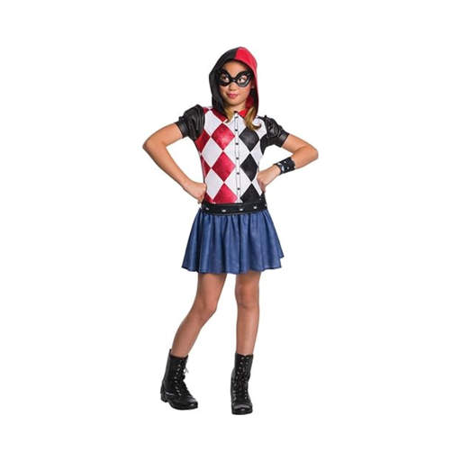Disfraz de Harley Quinn para niña, vestido con capucha roja y negra, rombos, falda azul, cinturón, muñequera y antifaz