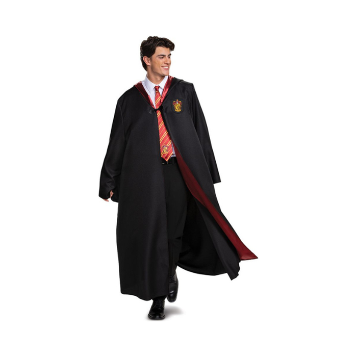 Disfraz de Harry Potter para adulto, capa negra con capucha, interior burdeo y escudo de Gryffindor