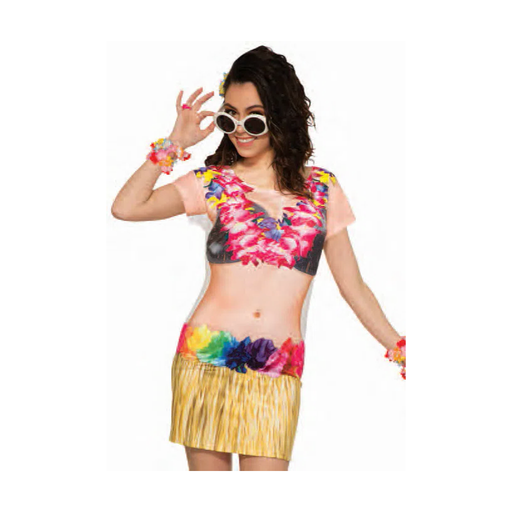 Mujer con polera estampada de bailarina hawaiana