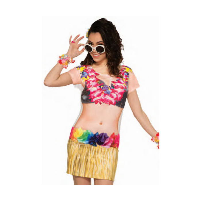 Mujer con polera estampada de bailarina hawaiana