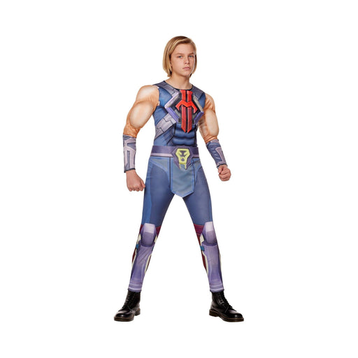 Disfraz de He-Man para niño, enterito estampado con armadura gris y cinturón con taparrabo