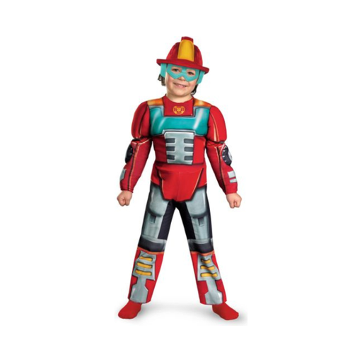 Niño con disfraz de Heatwave de Transformers Rescue Bots, traje rojo y gris con músculos y tocado rojo con antifaz