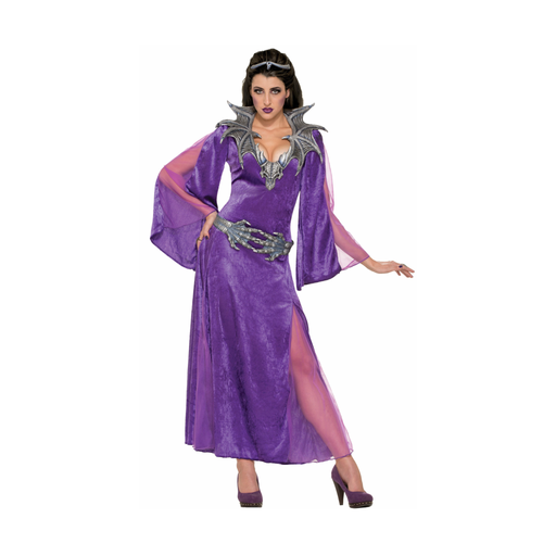 Disfraz de hechicera del dragón para mujer: vestido largo morado con mangas transparentes, cuello de alas grises y cinturón de garra