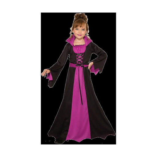 Niña con disfraz de hechicera, vestido largo negro y fucsia con cuello alto, mangas acampanadas y cinturón