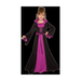 Niña con disfraz de hechicera, vestido largo negro y fucsia con cuello alto, mangas acampanadas y cinturón