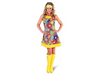 Disfraz hippie años 70 para mujer, vestido corto multicolor con caritas sonrientes, flores y símbolos de paz