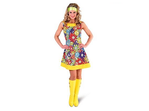 Disfraz hippie años 70 para mujer, vestido corto multicolor con caritas sonrientes, flores y símbolos de paz
