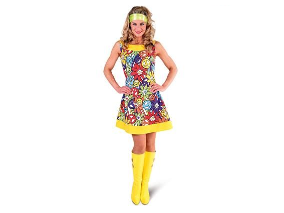 Disfraz hippie años 70 para mujer, vestido corto multicolor con caritas sonrientes, flores y símbolos de paz