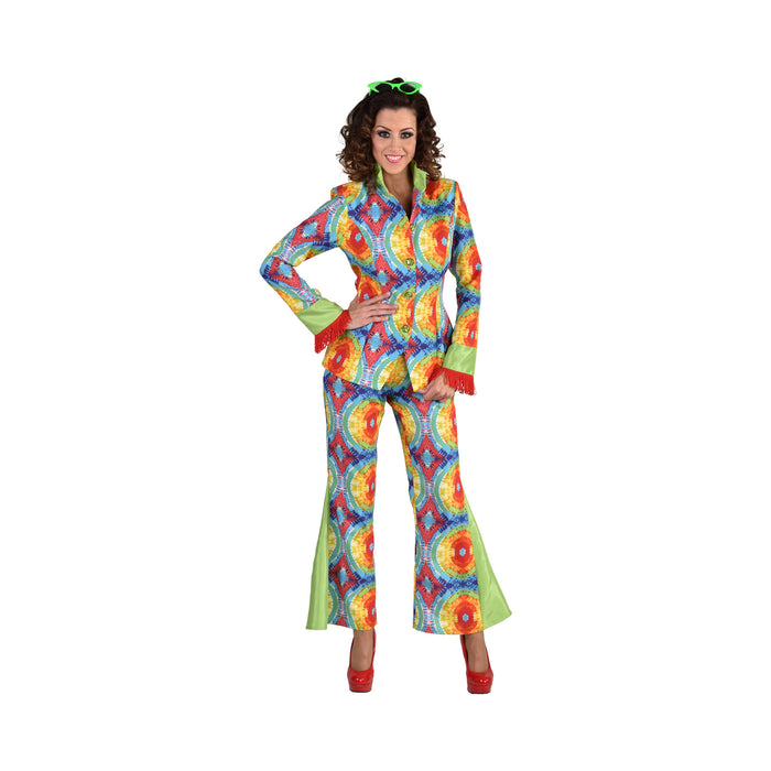 Disfraz hippie para mujer, chaqueta y pantalón acampanado con estampado batik multicolor