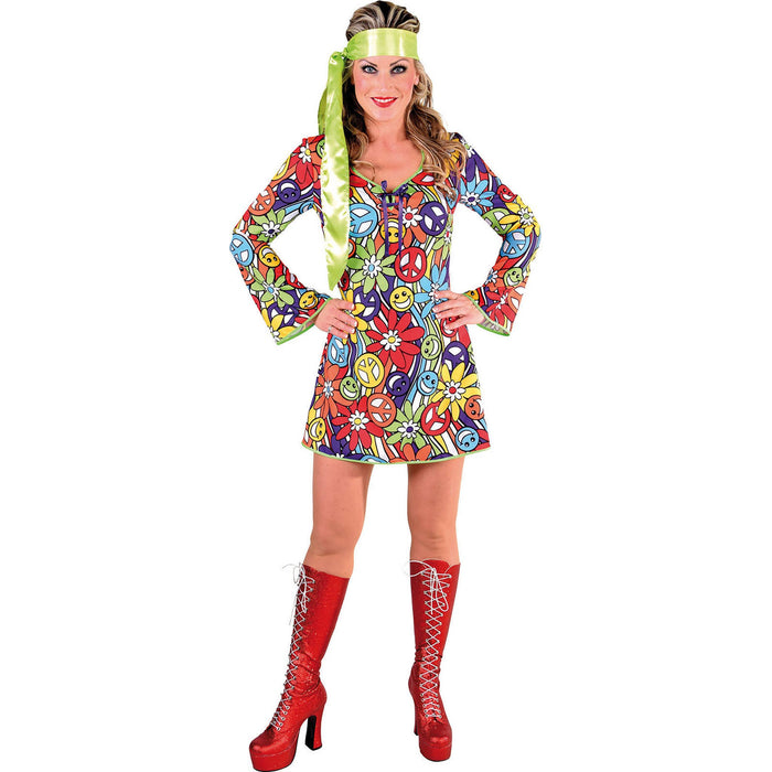 Disfraz hippie años 70 para mujer, vestido con estampado de flores y sonrisas