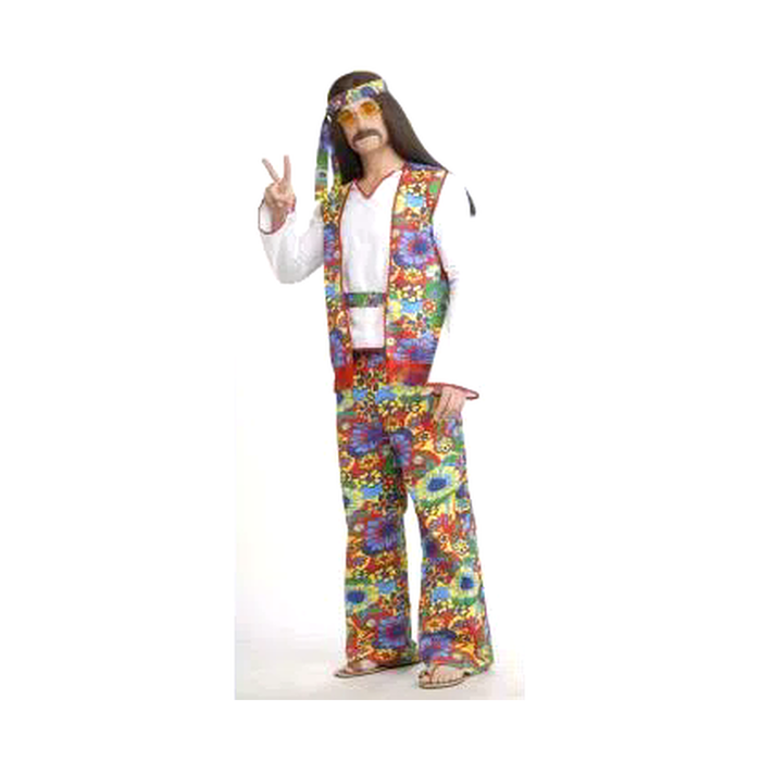 Disfraz de hippie años 70 para hombre con chaleco floreado, polera blanca, pantalón acampanado de flores y cintillo