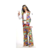 Disfraz de hippie años 70 para hombre con chaleco floreado, polera blanca, pantalón acampanado de flores y cintillo