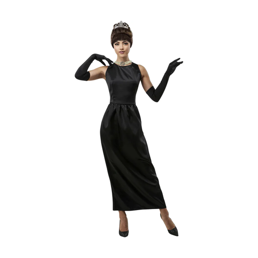 Disfraz de Holly Golightly para mujer con vestido negro largo, guantes largos negros y collar de perlas