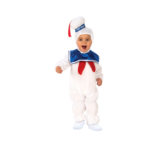 Niño pequeño con disfraz del Hombre Malvavisco: enterito blanco acolchado con cuello marinero azul, pañuelo rojo y gorro blanco