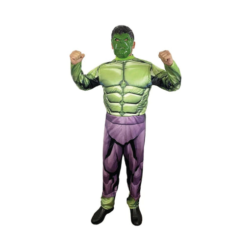 Disfraz de Hulk para adulto, traje verde con musculatura estampada, pantalón morado y máscara verde