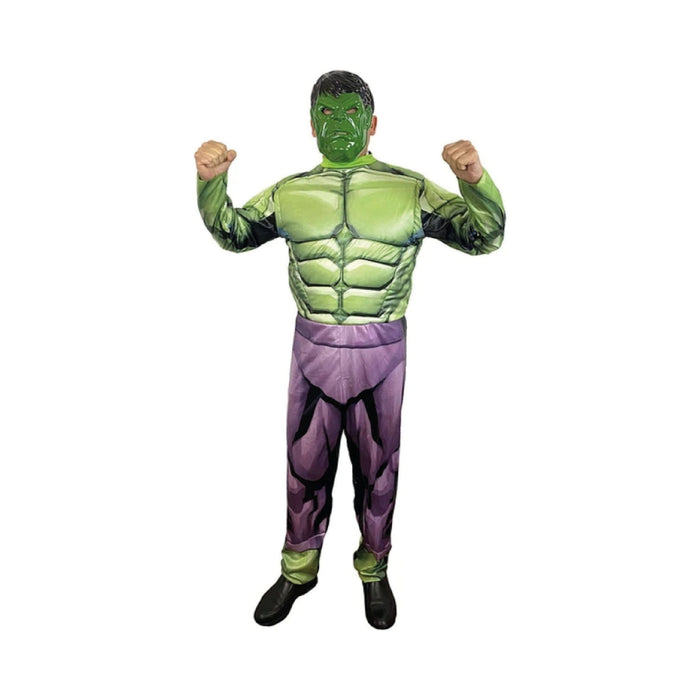 Disfraz de Hulk para adulto, traje verde con musculatura estampada, pantalón morado y máscara verde
