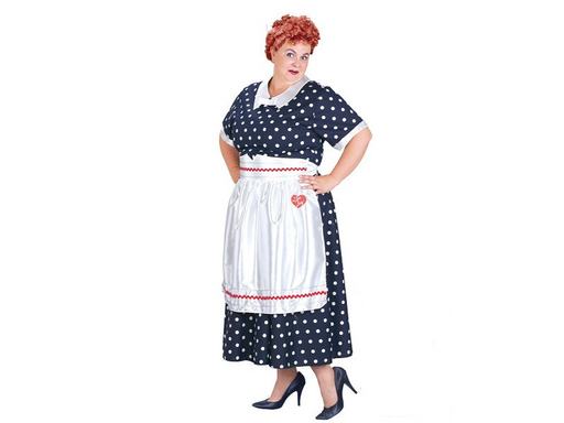 Disfraz I Love Lucy para mujer, vestido azul marino de lunares blancos con delantal blanco