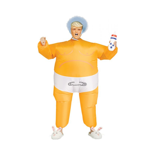 Disfraz inflable de bebé gigante naranja con pañal, máscara y gorro celeste